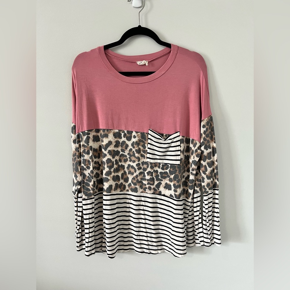 Lovely Melody Pink Leopard Stripe Long Sleeve Top